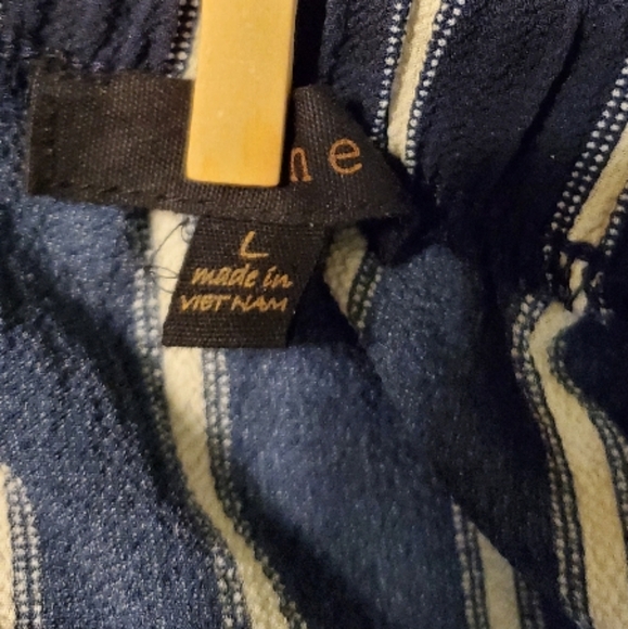 Navy Blue Striped Off-Shoulder Flare Midi Blouse Ruffle Cuffs Mint Condition - Picture 13 of 14